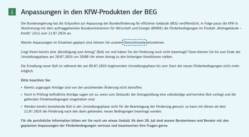 KfW 261 Änderungen 2026: Das gilt seit dem 21. Juli